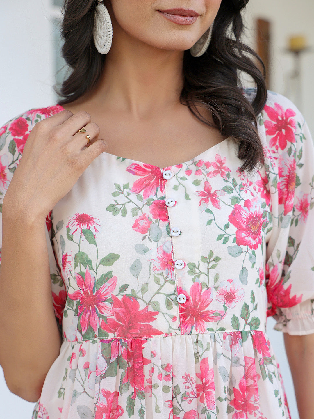 Cream Georgette Floral Printed Tiered Dress