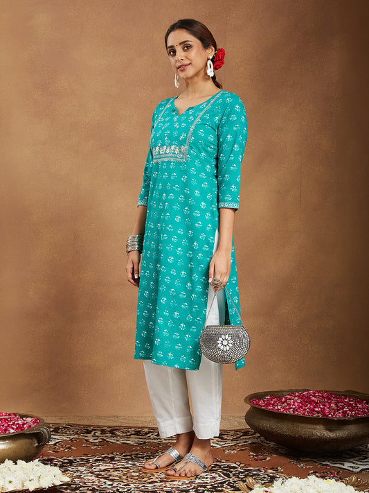 Janasya Women's Aqua Green Pure Cotton Yoke Embroidered Straight Kurta