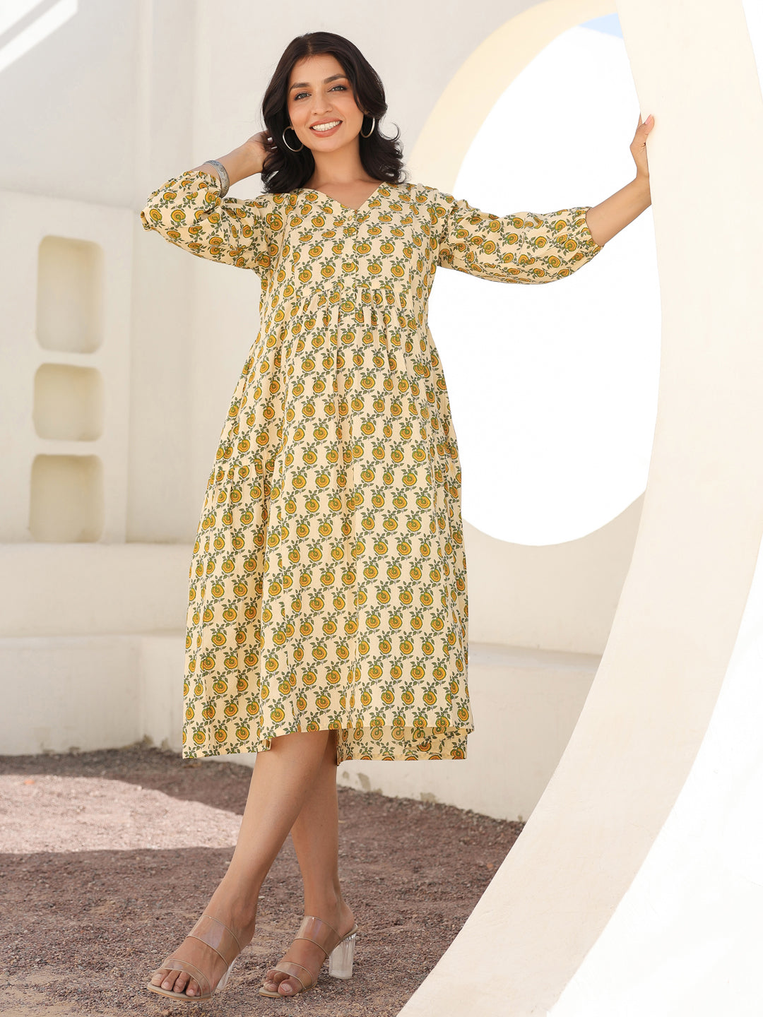 Cream Pure Cotton Floral Printed A-line Maternity Dress