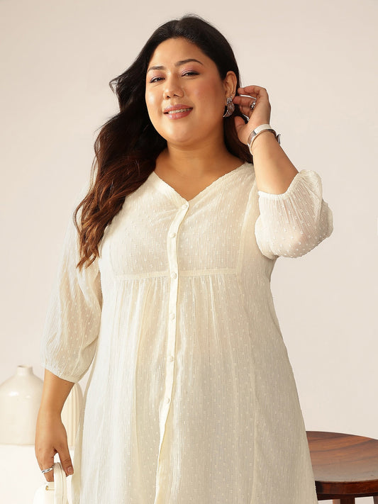 Janasya Women's Plus Size Off White Dobby Chiffon Self Design A-line Tunic
