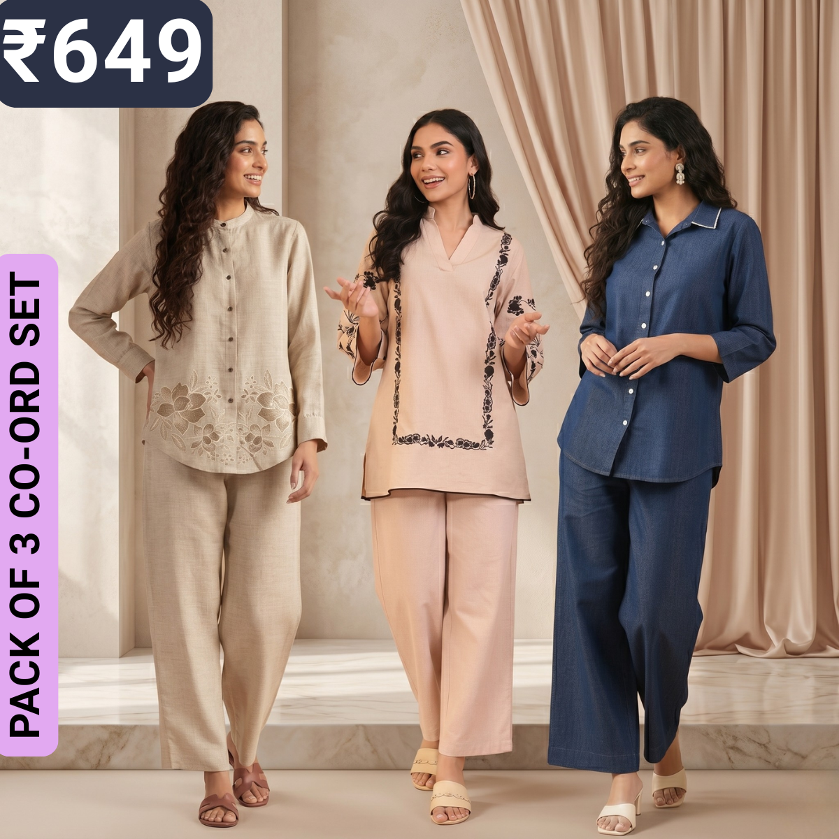 Pack of 3 Women’s Premium Printed Co-Ord Set Combo  (P-04)