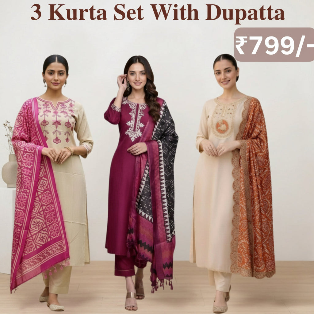 Women's Pack of 3 Pure Cotton Kurtas Pant Set without Dupatta |C-020
