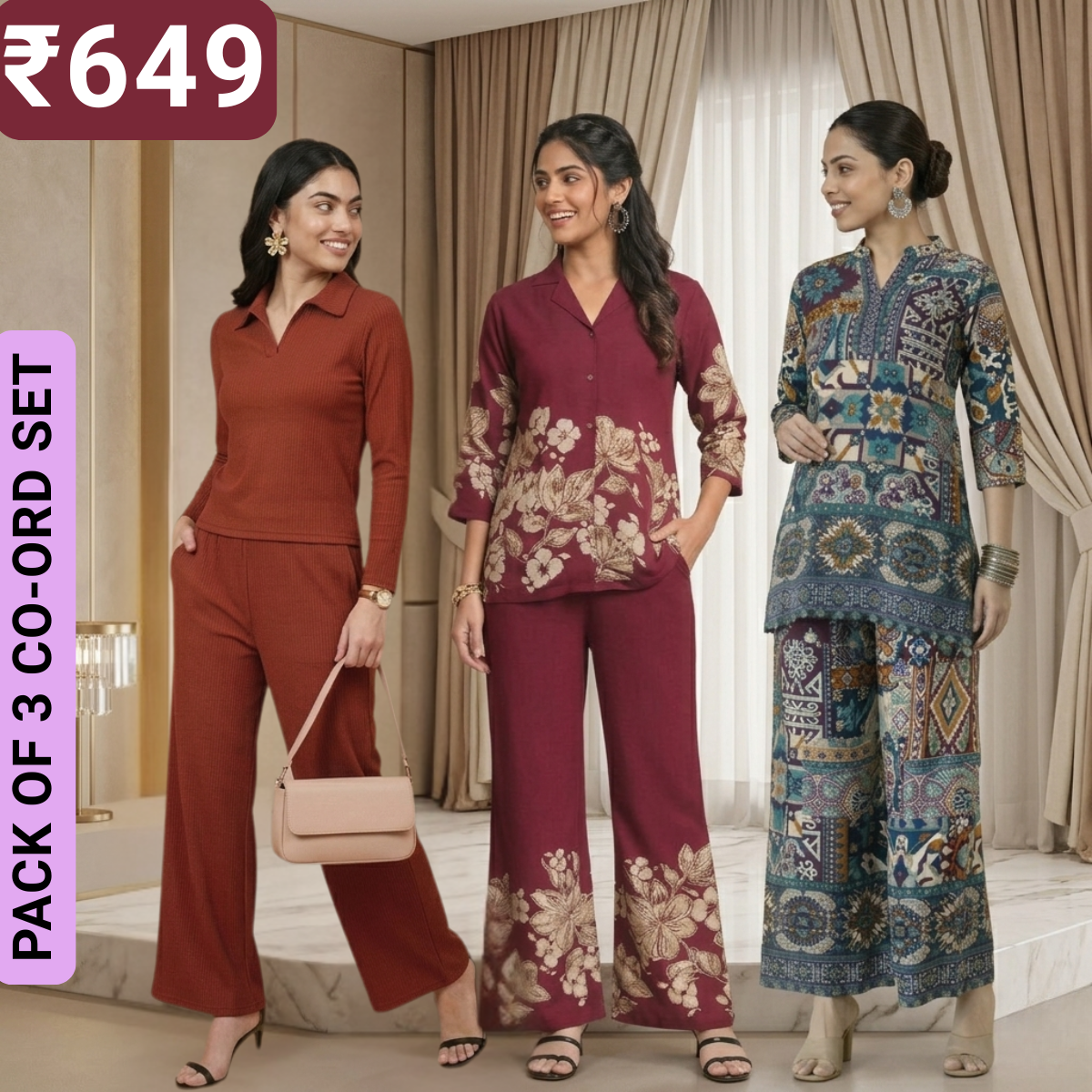 Pack of 3 Women’s Premium Printed Co-Ord Set Combo  (P-05)