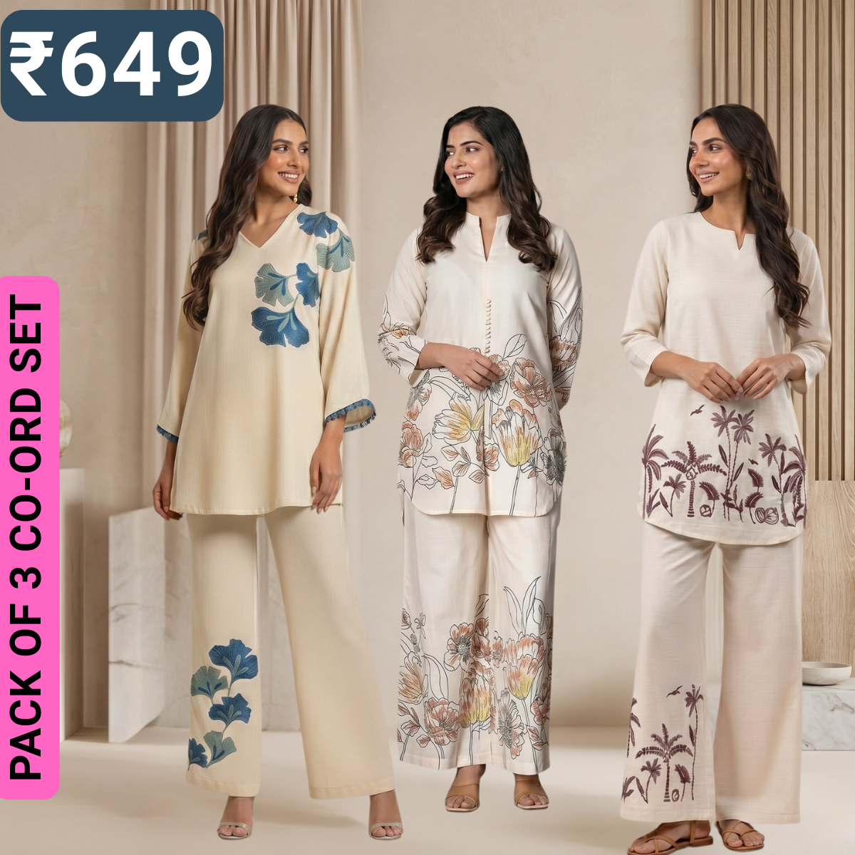 Pack of 3 Women’s Premium Printed Co-Ord Set Combo  (P-01)