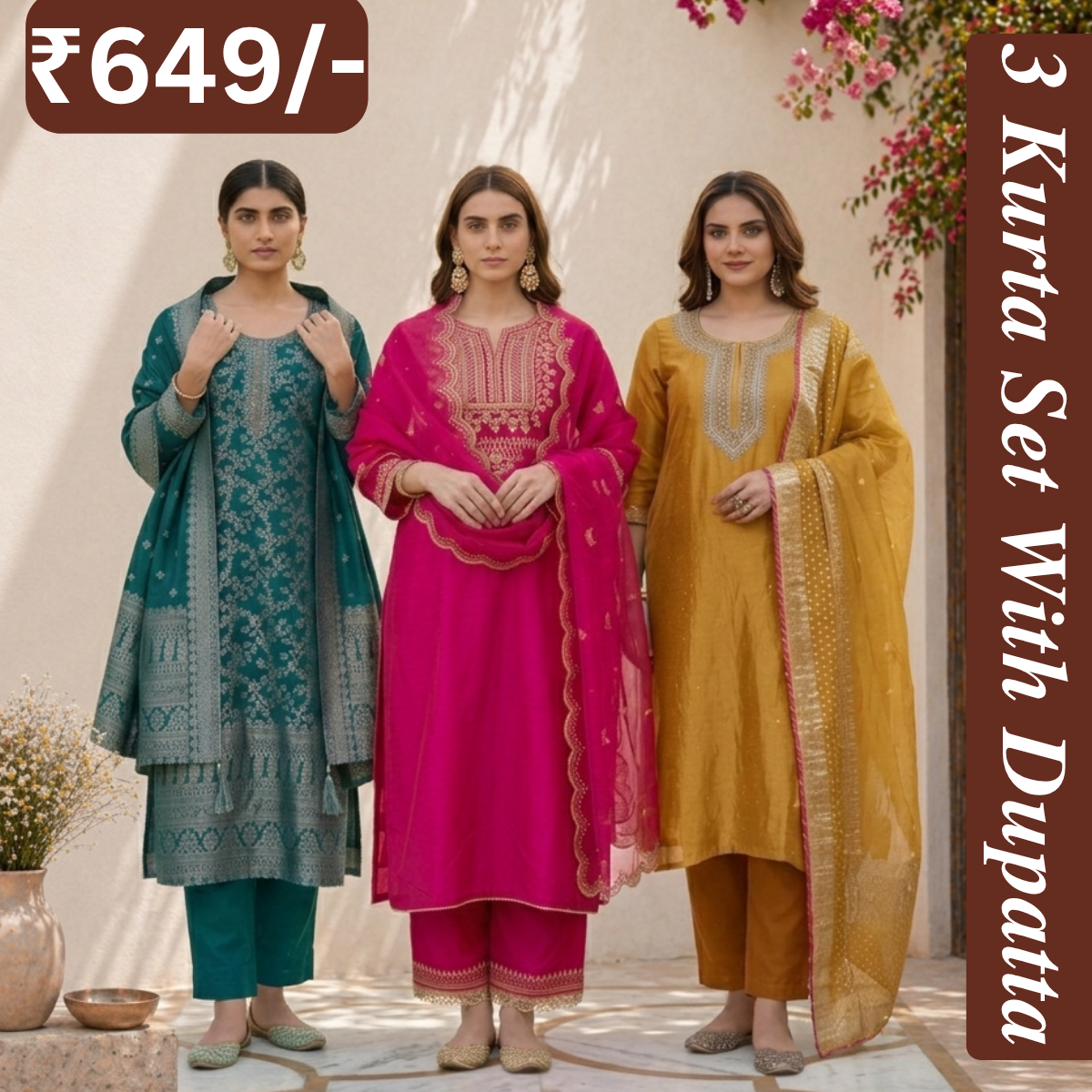 Women's Pack of 3 Pure Cotton Kurtas Pant Set & Dupatta |C-026