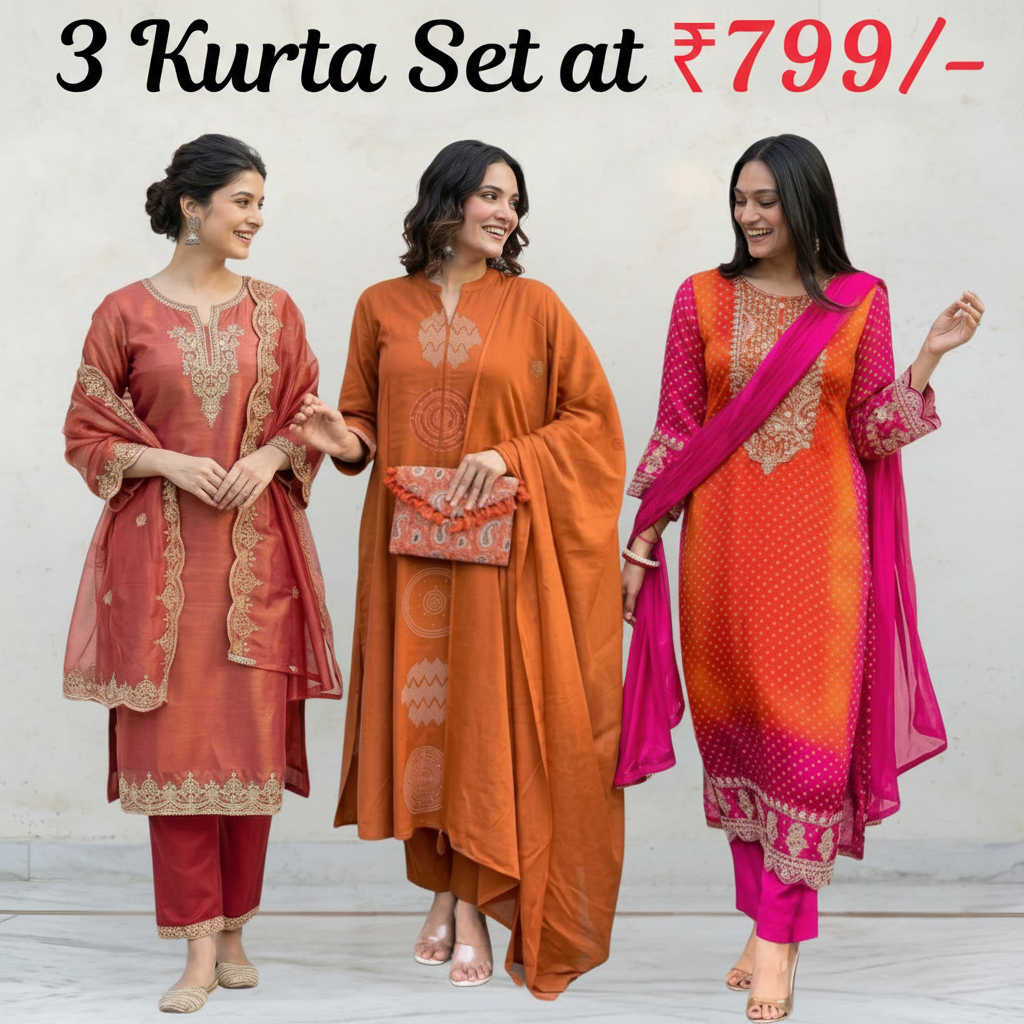 Women's Pack of 3 Pure Cotton Kurtas Pant Set & Dupatta |C-032