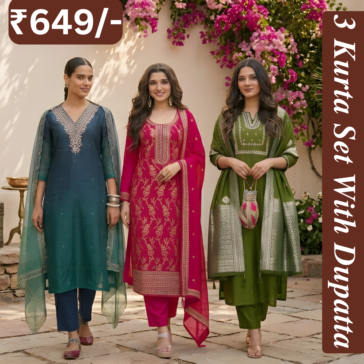 Women's Pack of 3 Pure Cotton Kurtas Pant Set & Dupatta |C-024
