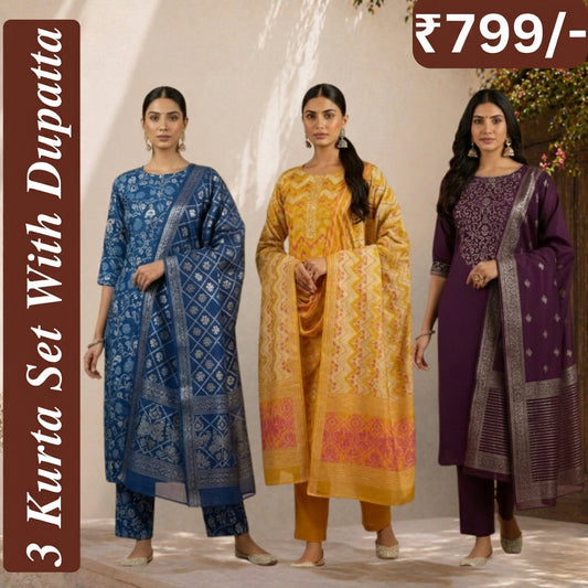 Women's Pack of 3 Pure Cotton Kurtis with Pant & Dupatta |C-012