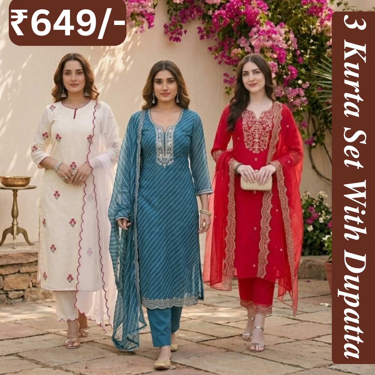 Women's Pack of 3 Pure Cotton Kurtas Pant Set & Dupatta |C-022