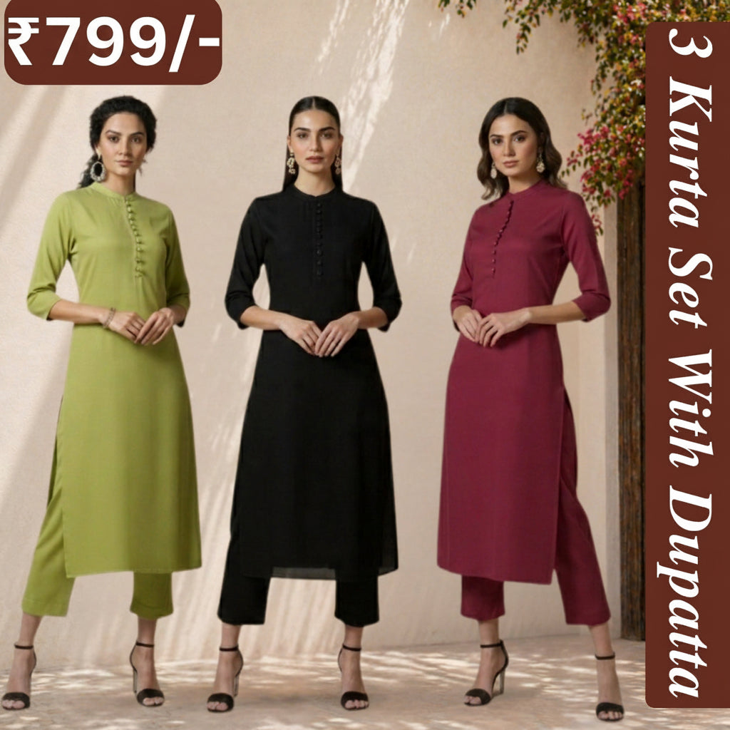 Women's Pack of 3 Pure Cotton Kurtas Pant Set without Dupatta |C-021