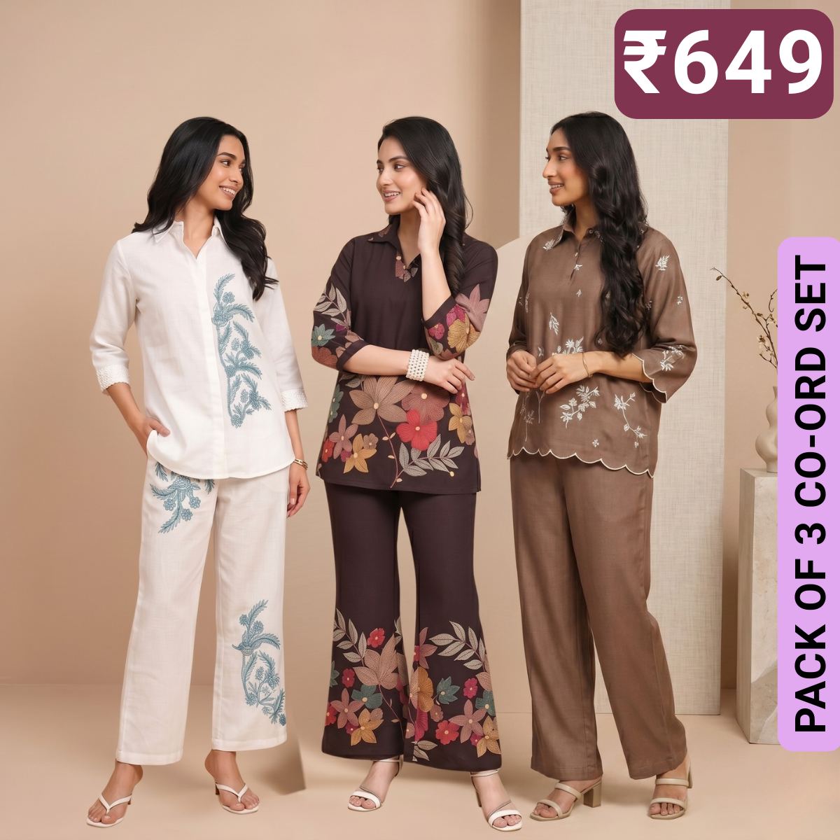 Pack of 3 Women’s Premium Printed Co-Ord Set Combo  (P-02)