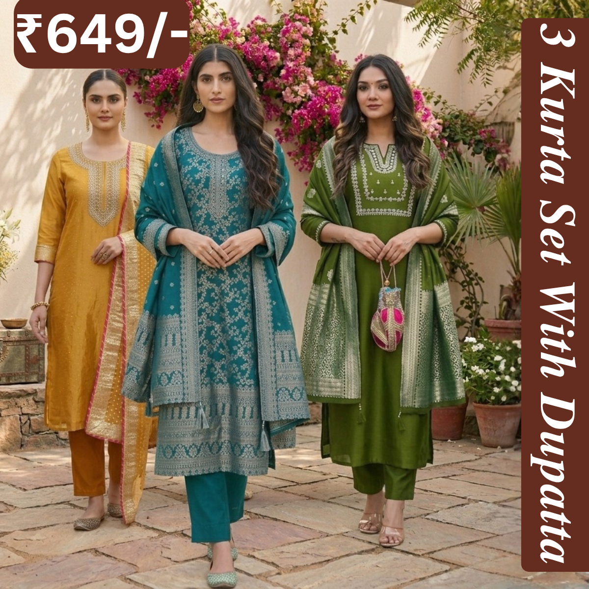 Women's Pack of 3 Pure Cotton Kurtas Pant Set & Dupatta |C-025