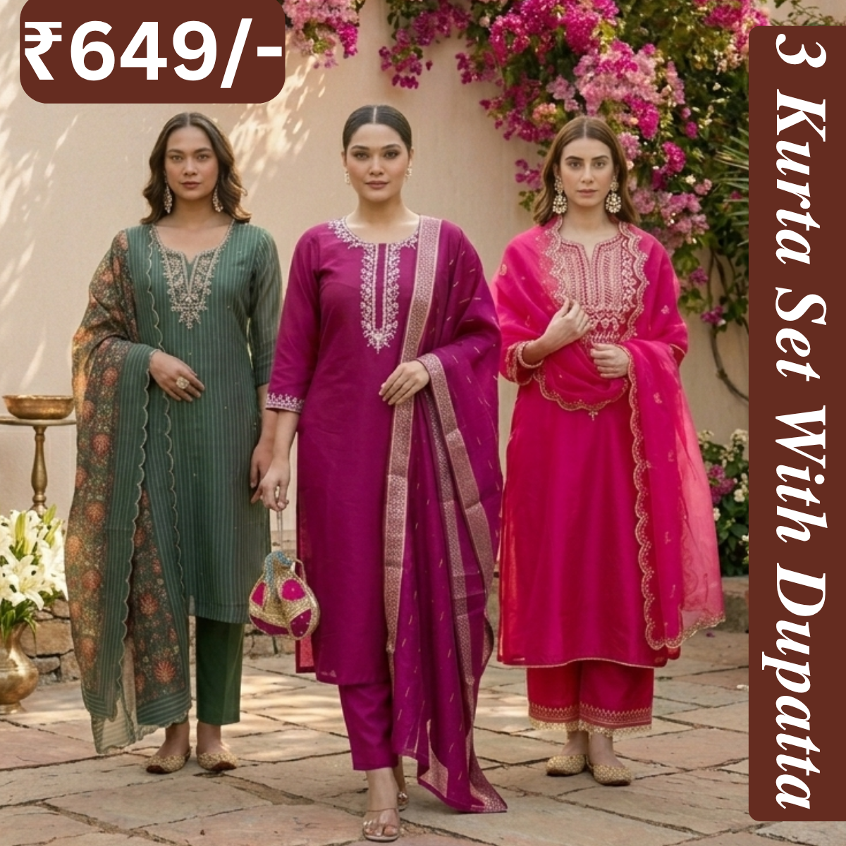 Women's Pack of 3 Pure Cotton Kurtas Pant Set & Dupatta |C-023