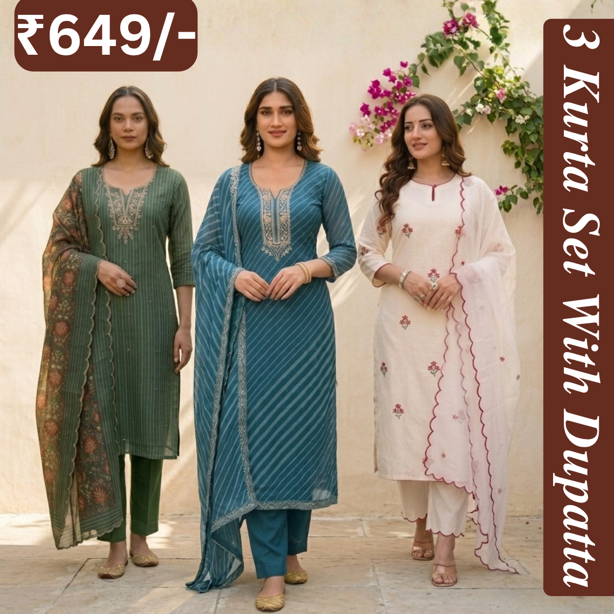 Women's Pack of 3 Pure Cotton Kurtas Pant Set & Dupatta |C-027