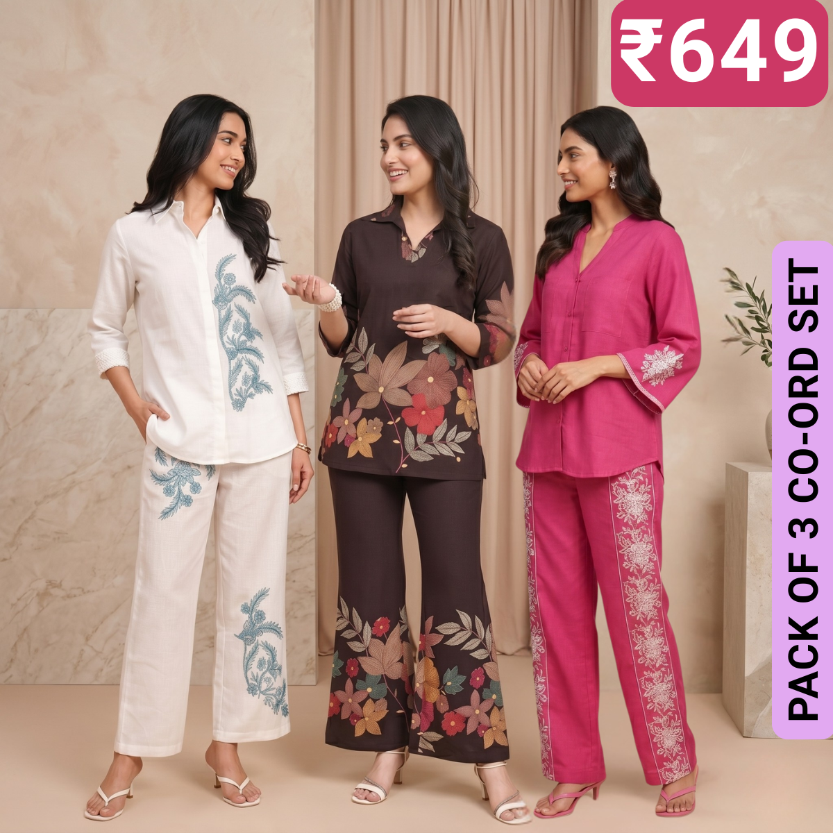 Pack of 3 Women’s Premium Printed Co-Ord Set Combo  (P-03)