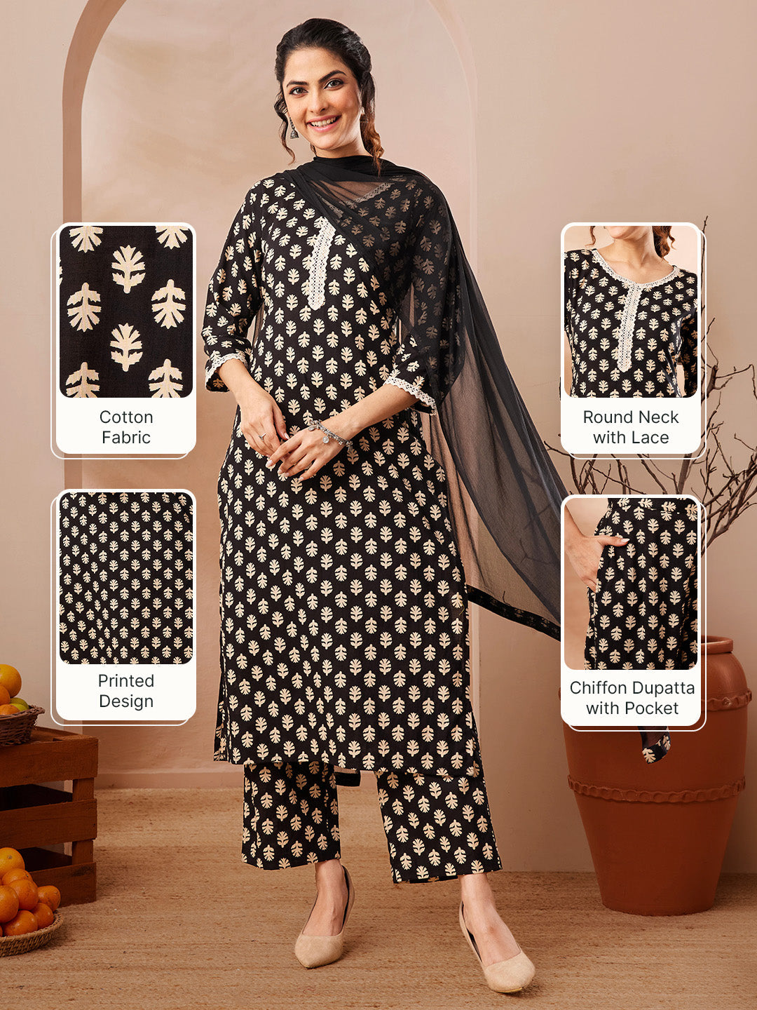 Janasya Women's Black Pure Cotton Floral Printed Straight Kurta Set
