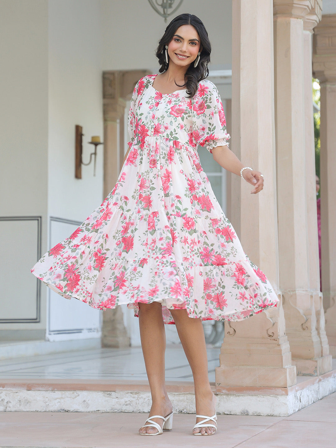 Cream Georgette Floral Printed Tiered Dress