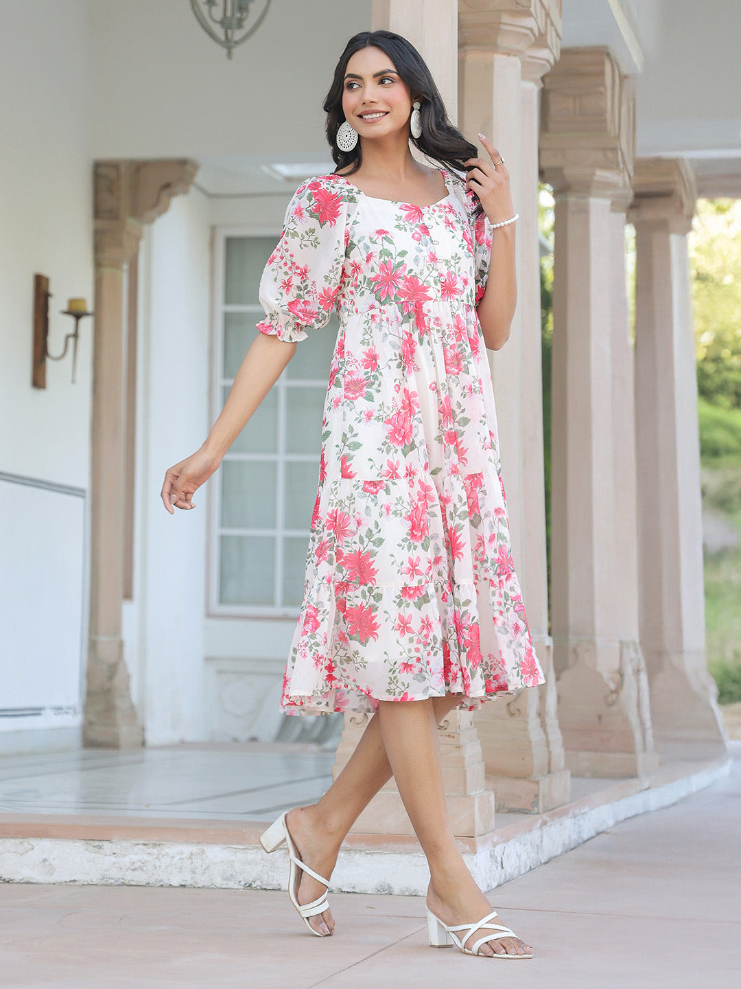 Cream Georgette Floral Printed Tiered Dress