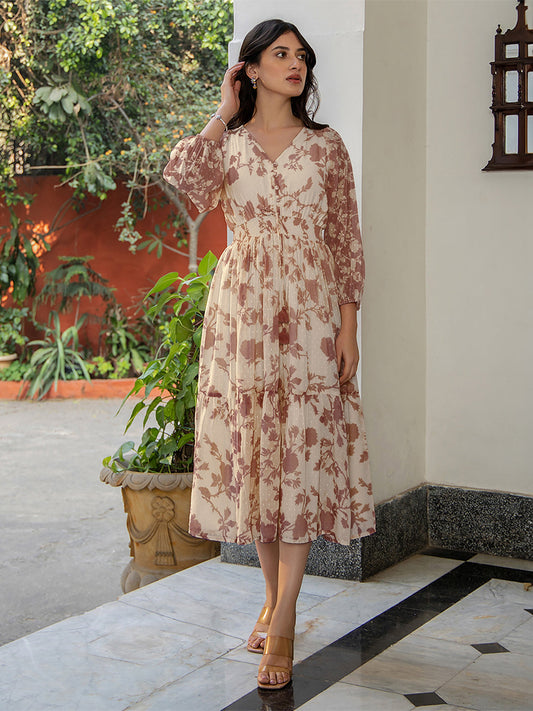 Brown Dobby Georgette Floral Printed Fit & Flare Dress