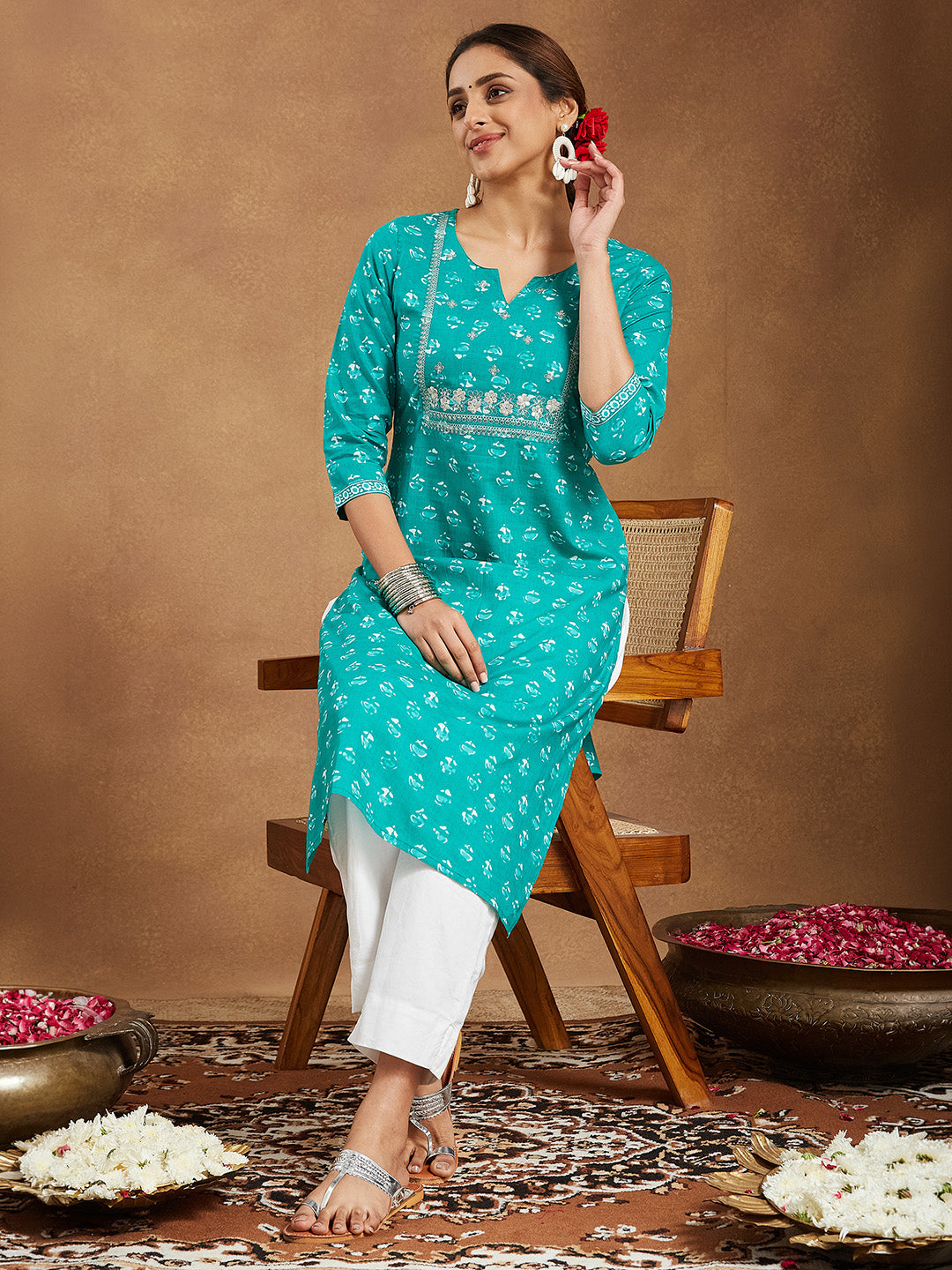 Janasya Women's Aqua Green Pure Cotton Yoke Embroidered Straight Kurta