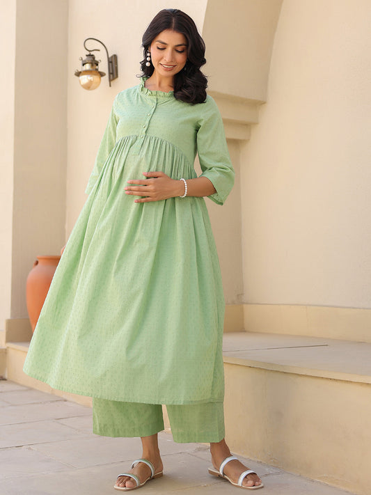 Green Dobby Pure Cotton Self Design A-line Maternity Kurta Pant Set