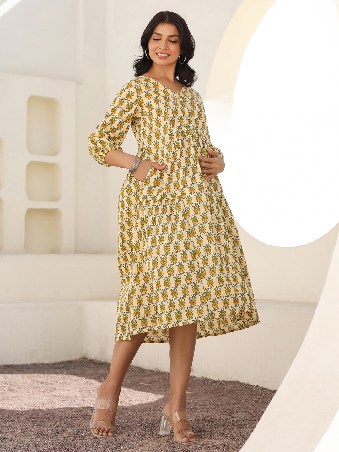 Cream Pure Cotton Floral Printed A-line Maternity Dress