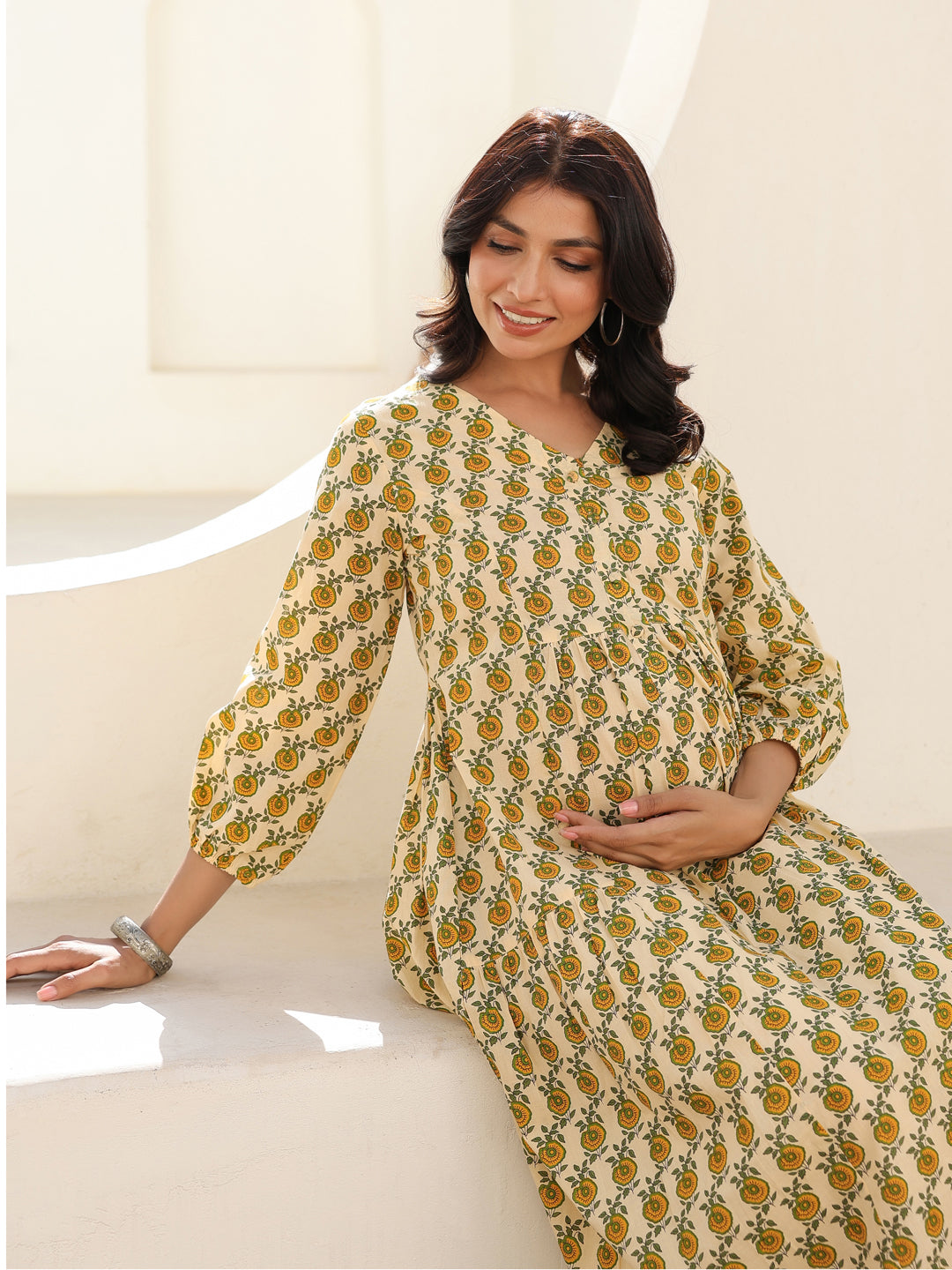 Cream Pure Cotton Floral Printed A-line Maternity Dress