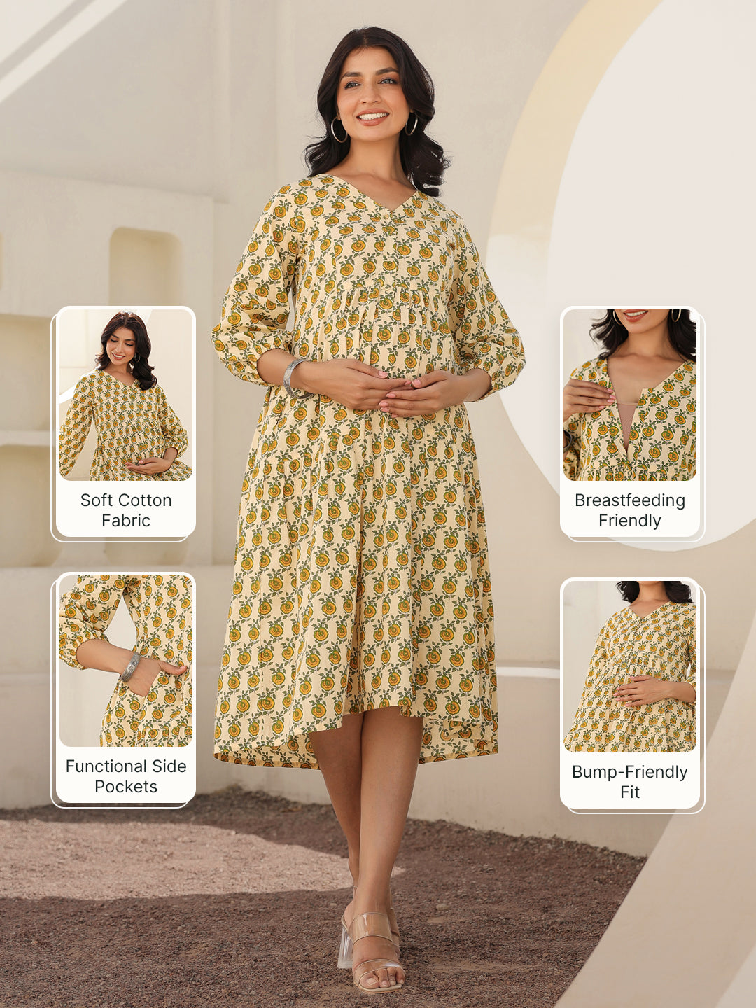 Cream Pure Cotton Floral Printed A-line Maternity Dress