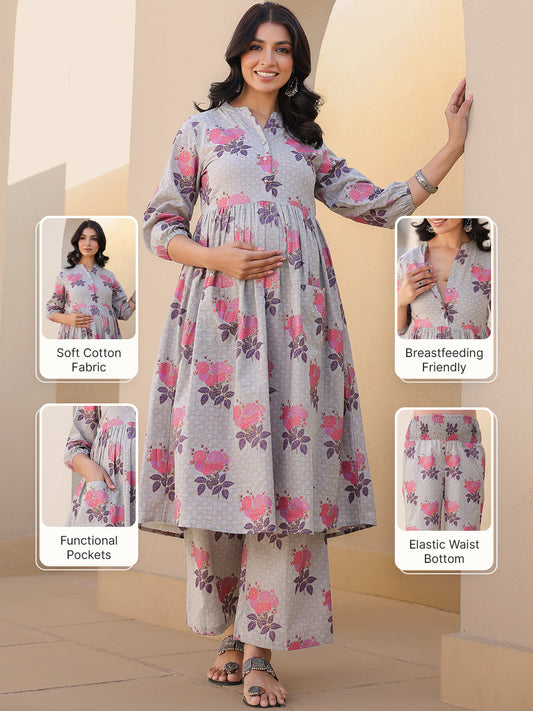 Grey Pure Cotton Foil Printed Flared Maternity Kurta Set