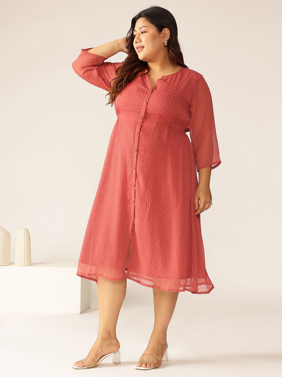 Janasya Women's Plus Size Mauve Dobby Chiffon Self Design A-line Kurta