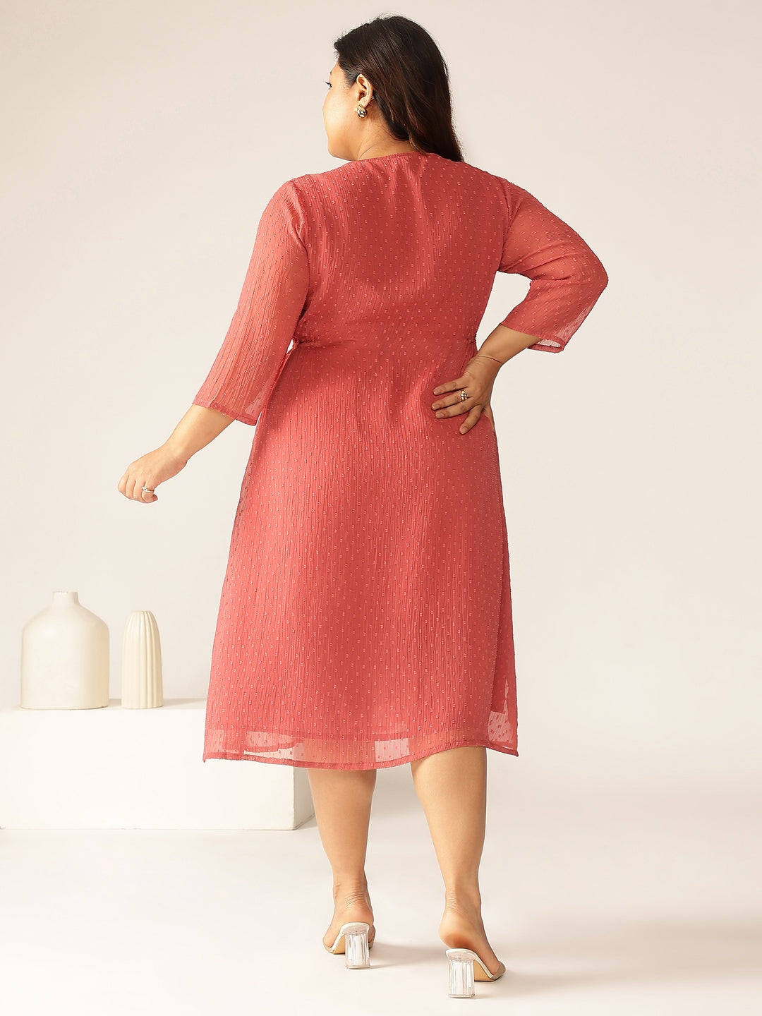 Janasya Women's Plus Size Mauve Dobby Chiffon Self Design A-line Kurta