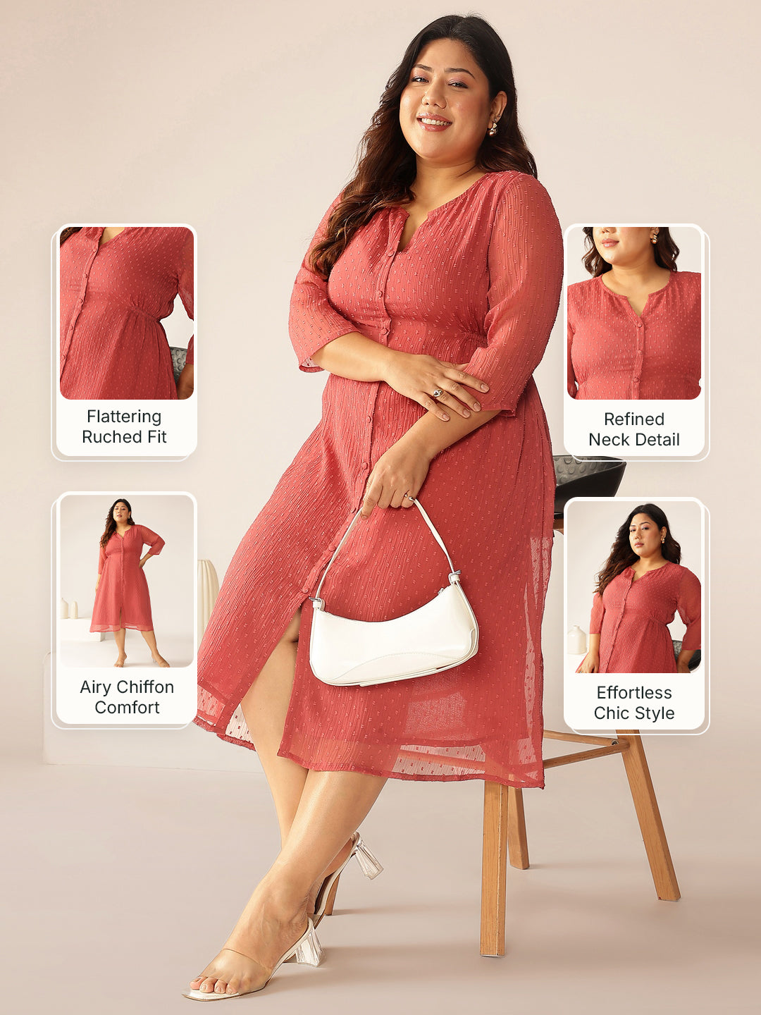 Janasya Women's Plus Size Mauve Dobby Chiffon Self Design A-line Kurta