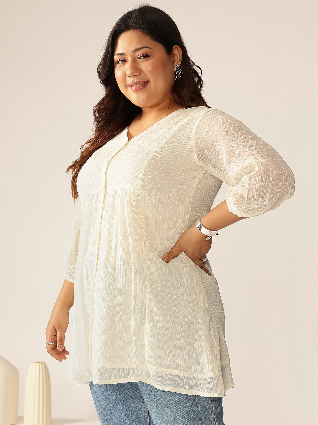 Janasya Women's Plus Size Off White Dobby Chiffon Self Design A-line Tunic