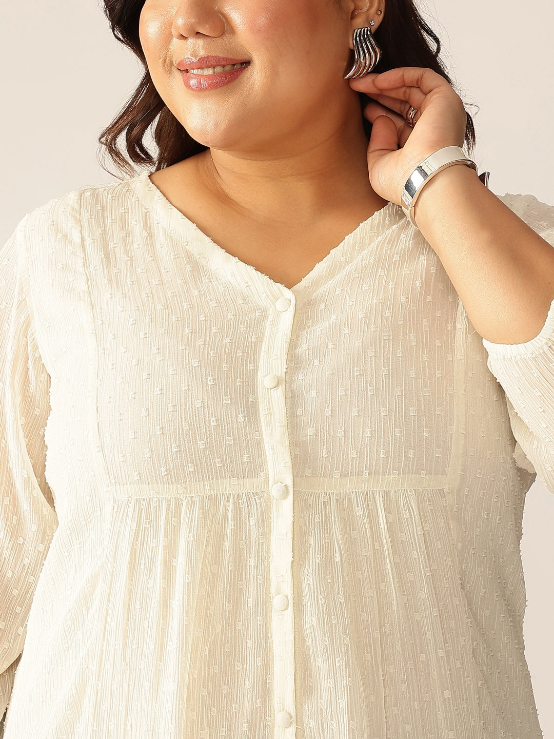 Janasya Women's Plus Size Off White Dobby Chiffon Self Design A-line Tunic