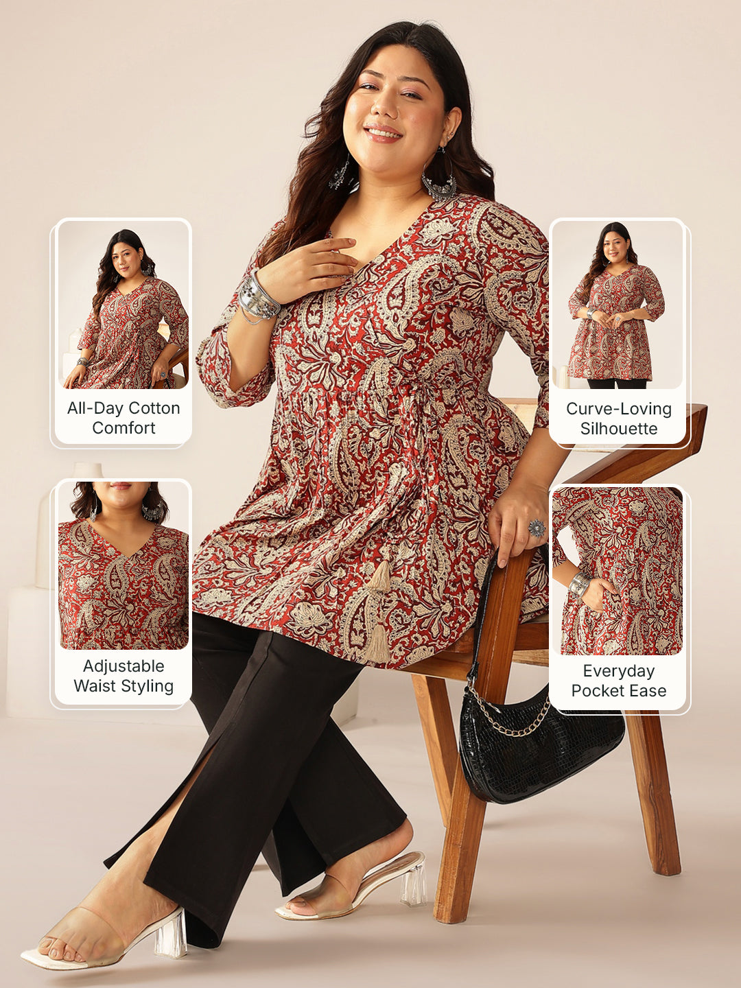 Plus Size Maroon Pure Cotton Paisley Printed Peplum Tunic