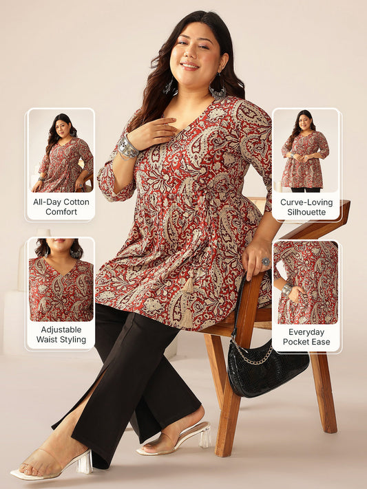 Plus Size Maroon Pure Cotton Paisley Printed Peplum Tunic