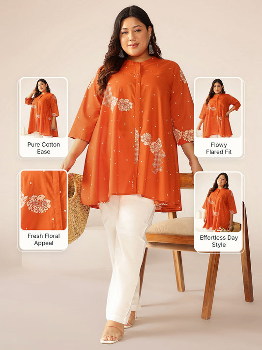 Plus Size Orange Pure Cotton Floral Printed A-line Tunic